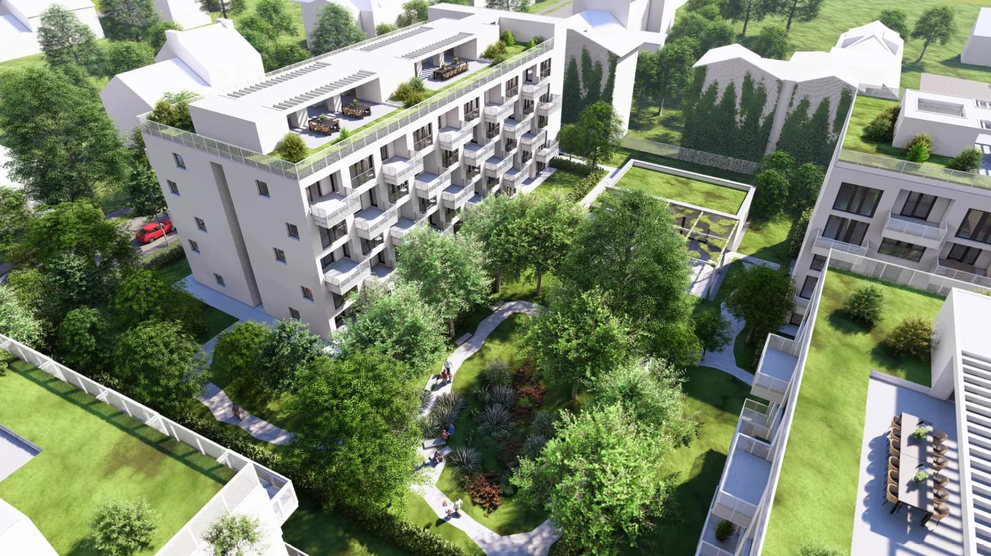 Velion Lakópark zöld belső udvar — közösségi kert és pihenőterület